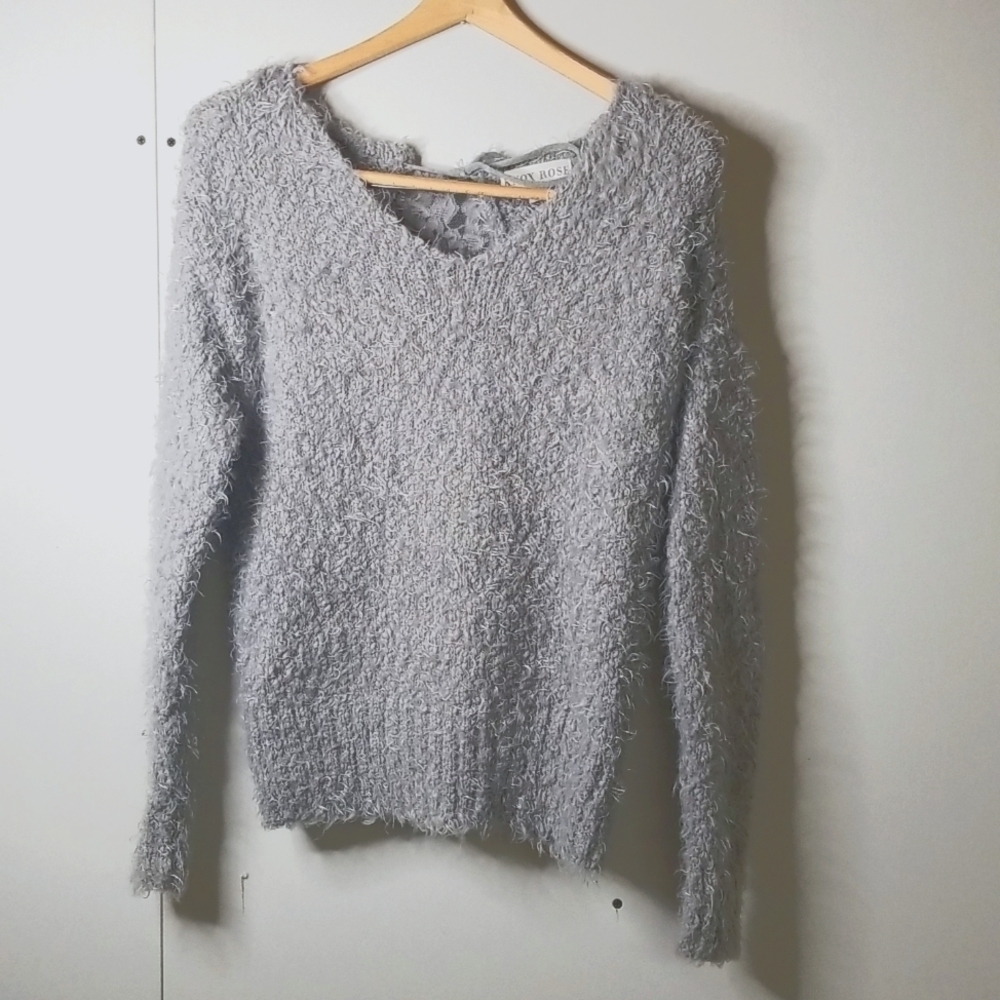 Knox Rose Fuzzy Gray sweater w/lace back detail.